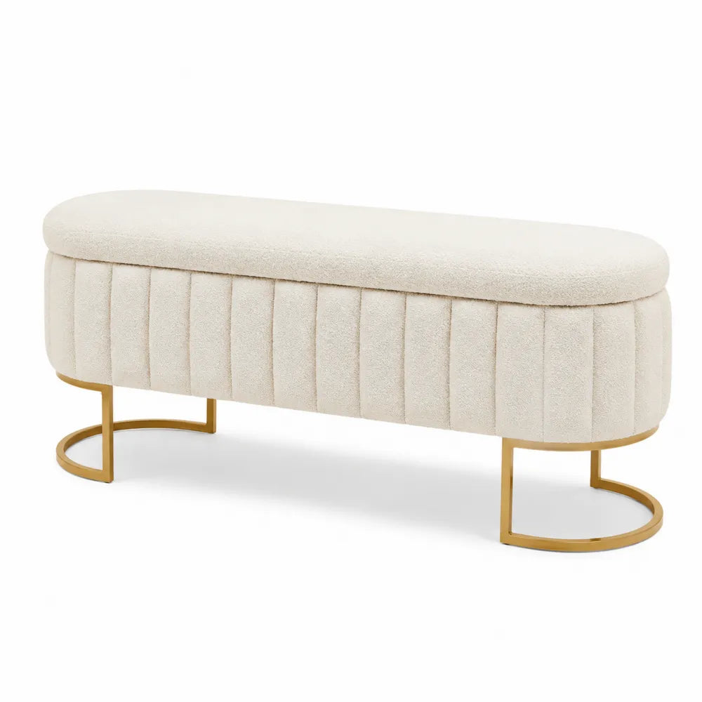 Banc de chambre rectangulaire rembourré en tissu bouclé beige avec pieds en acier doré 120 x 42 x 46 cm