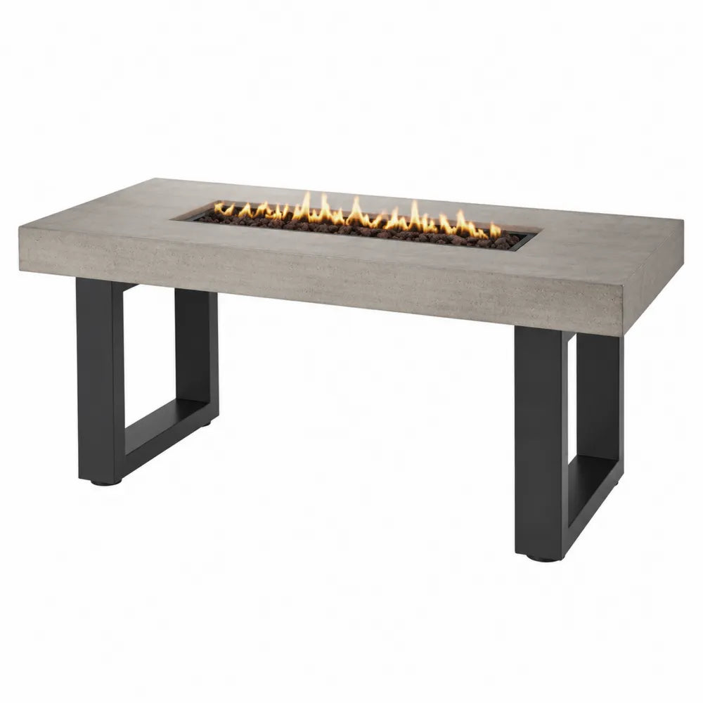 Table brasero rectangulaire gaz propane béton fibré gris et acier thermolaqué noir 140 x 70 x 64 cm
