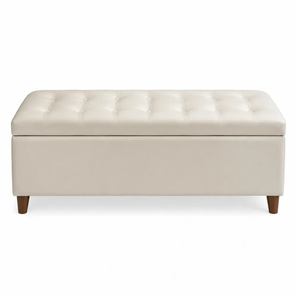 Banc coffre rectangulaire capitonné en simili cuir PU ivoire avec pieds en bois massif finition noyer 120 cm x 40 cm x 45 cm