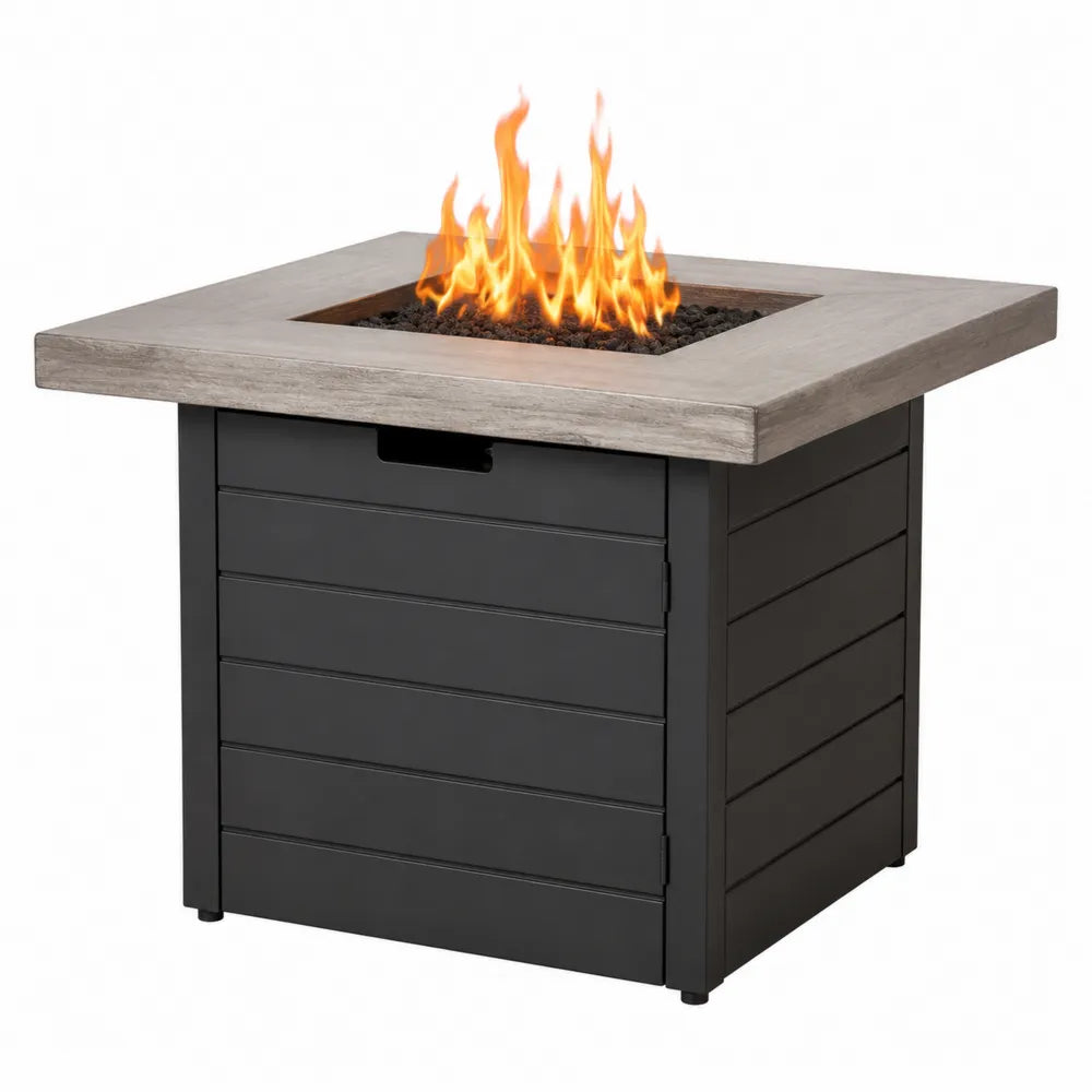 Table brasero de jardin carrée au gaz plateau composite ciment fibre de verre effet béton gris base en acier thermolaqué noir 86 cm x 86 cm x 63 cm
