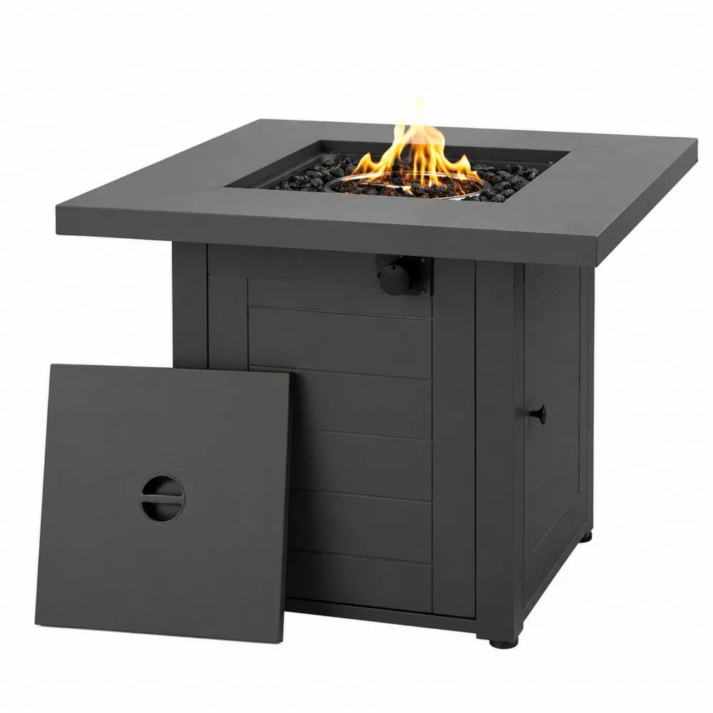 Table brasero de jardin carrée au gaz acier thermolaqué noir 107 cm x 107 cm x 64 cm