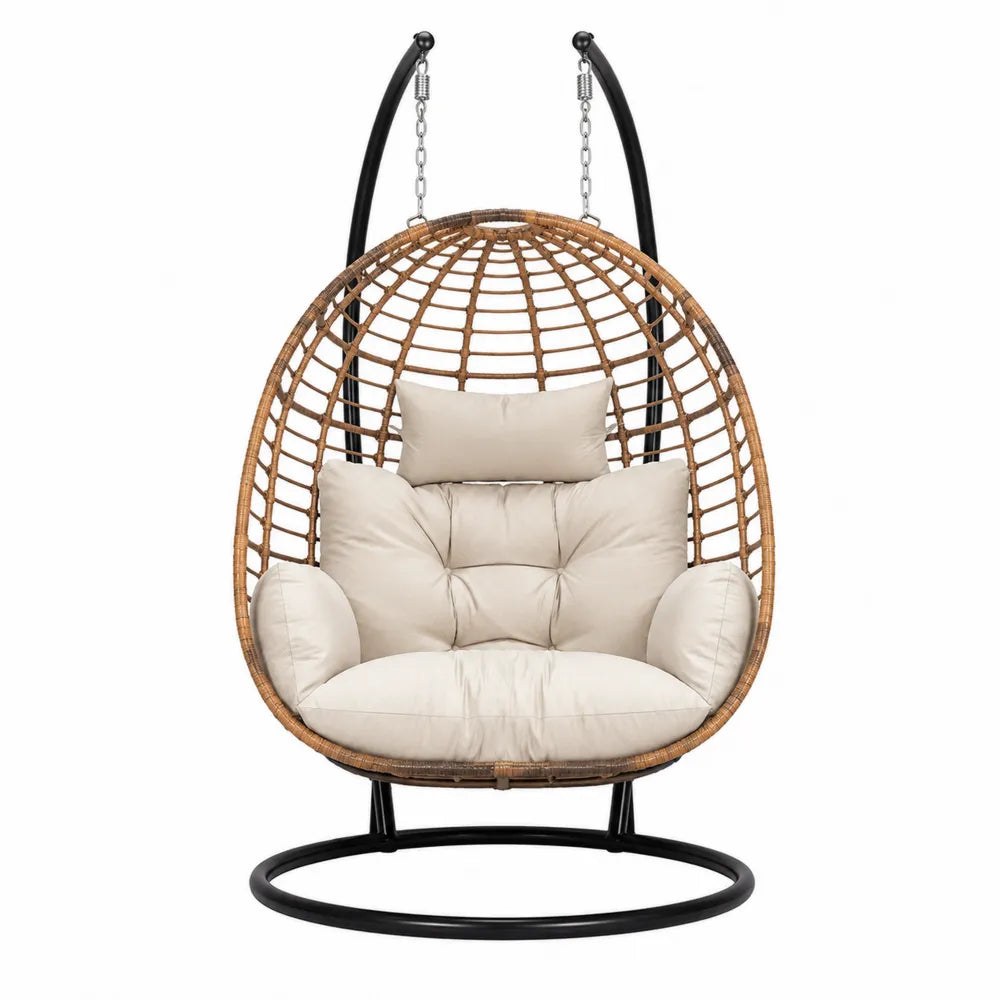 Fauteuil suspendu de jardin type œuf en résine tressée PE naturel avec coussin polyester beige et support acier noir