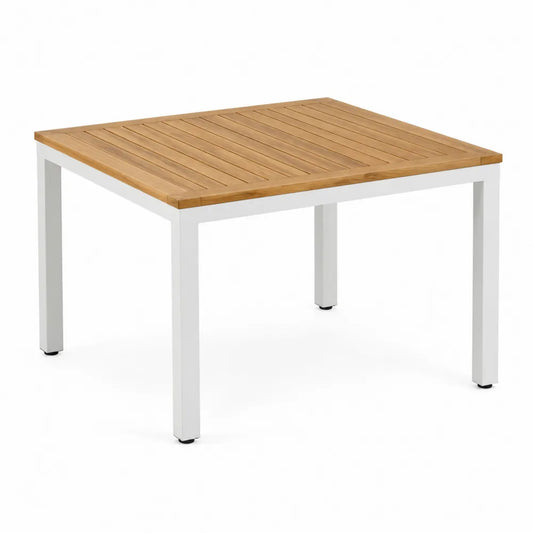 Table de jardin carrée en acacia massif et aluminium blanc 150 x 150 x 75 cm