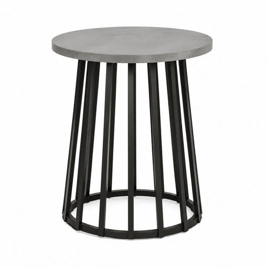 Table de jardin ronde en béton fibré gris et acier thermolaqué noir diamètre 70 cm hauteur 75 cm