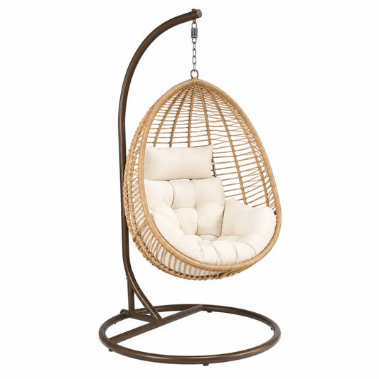 Fauteuil suspendu de jardin type œuf avec support en acier et résine tressée beige et coussins crème