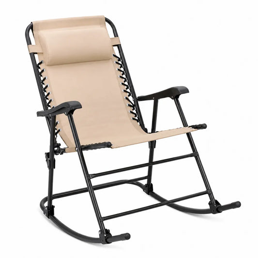Chaise à bascule relax de jardin pliable en acier thermolaqué noir toile polyester beige 68 cm x 95 cm x 115 cm