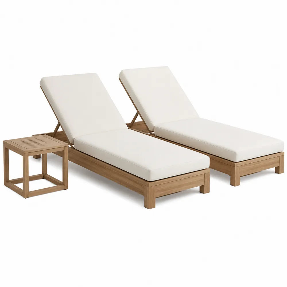 Lot de 2 bains de soleil de jardin en bois avec table d’appoint et coussins blancs 200 x 65 x 85 cm
