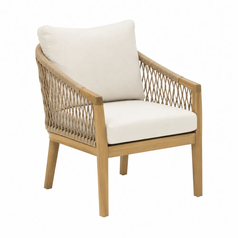 Chaise de jardin en bois massif avec corde tressée et coussins en polyester beige