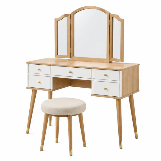 Coiffeuse rectangulaire avec miroir triptyque et tabouret en MDF décor chêne naturel et blanc 100 cm x 40 cm x 140 cm