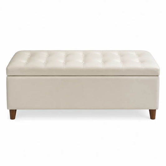 Banc coffre rectangulaire capitonné en simili cuir PU ivoire avec pieds en bois massif finition noyer 120 cm x 40 cm x 45 cm