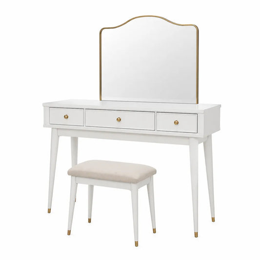 Coiffeuse rectangulaire avec miroir et tabouret en MDF blanc avec finition dorée 100 cm x 40 cm x 140 cm