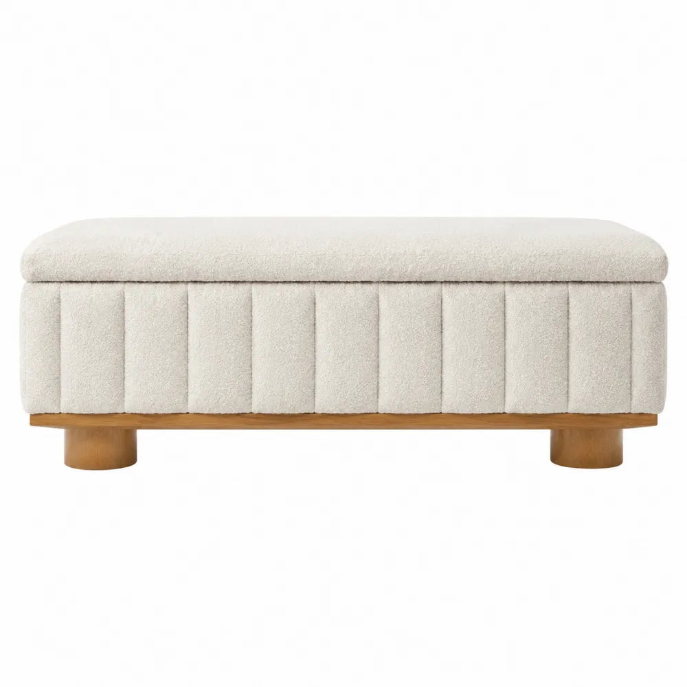 Banc de chambre rectangulaire en tissu bouclé écru avec pieds en bois massif naturel 120 cm x 45 cm x 45 cm