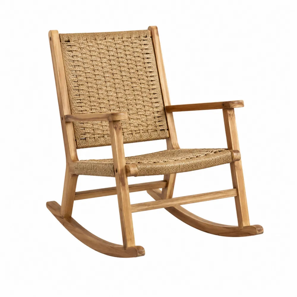Chaise à bascule de jardin en bois d’acacia et corde tressée naturelle avec accoudoirs 68 cm x 90 cm x 95 cm