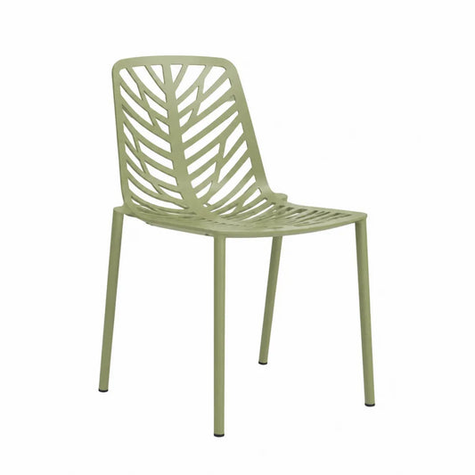 Chaise de jardin sans accoudoirs en polypropylène vert sauge motif feuille avec cadre en acier thermolaqué 50 cm x 57 cm x 87 cm
