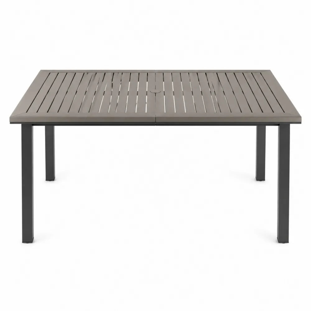 Table de jardin rectangulaire en aluminium thermolaqué gris taupe plateau à lattes avec trou parasol 200 x 100 x 75 cm
