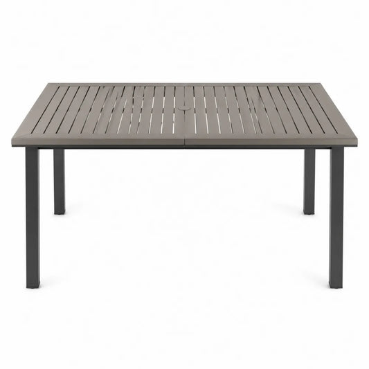 Table de jardin rectangulaire en aluminium thermolaqué gris taupe plateau à lattes avec trou parasol 200 x 100 x 75 cm