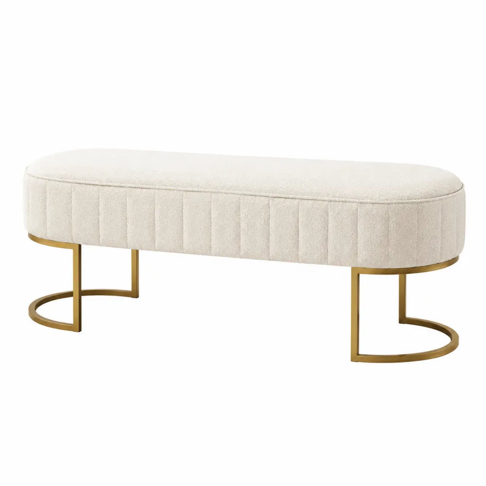 Banc de chambre ovale en tissu bouclé beige avec pieds en acier doré 120 x 42 x 46 cm