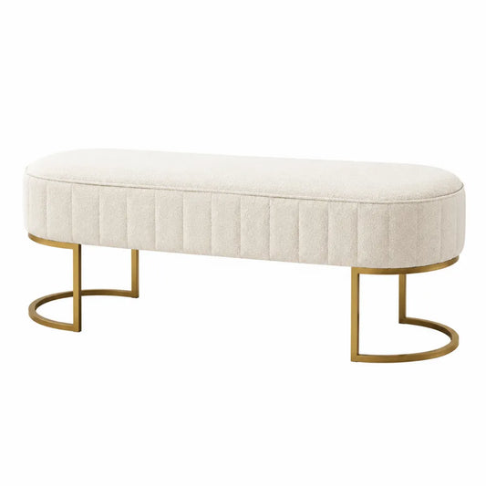 Banc de chambre ovale en tissu bouclé beige avec pieds en acier doré 120 x 42 x 46 cm