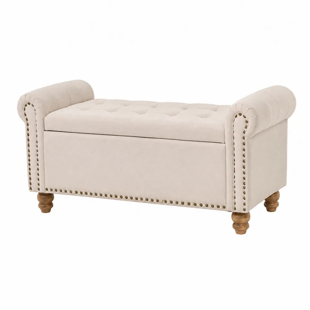 Banc coffre de chambre rectangulaire capitonné en tissu effet lin beige avec accoudoirs roulés et pieds en bois massif 122 cm x 45 cm x 58 cm