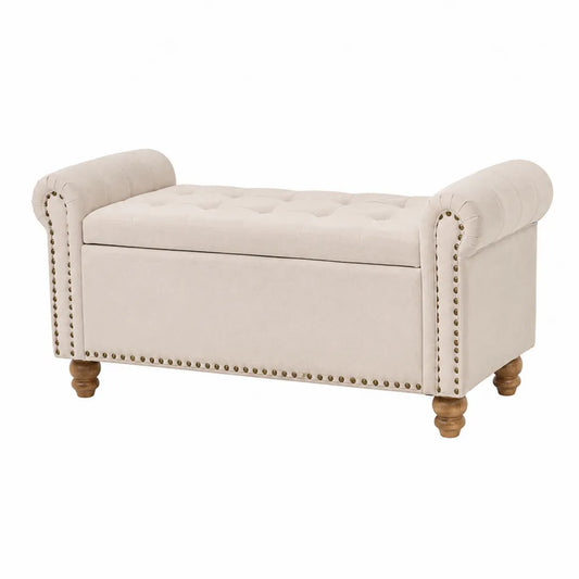 Banc coffre de chambre rectangulaire capitonné en tissu effet lin beige avec accoudoirs roulés et pieds en bois massif 122 cm x 45 cm x 58 cm