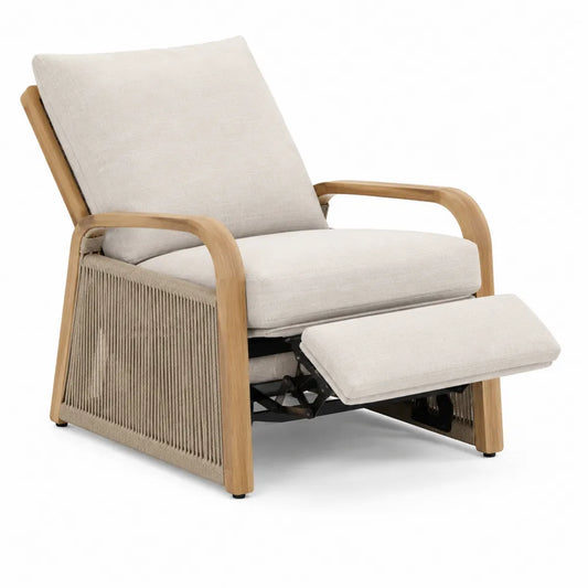 Fauteuil relax de jardin inclinable avec repose-pieds extensible en acacia massif corde tressée polyester beige coussins beige