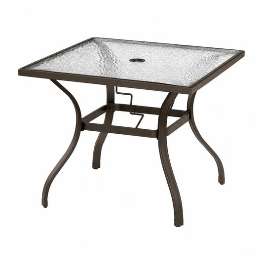 Table de jardin carrée en verre trempé texturé et acier thermolaqué bronze avec trou parasol 90 x 90 x 72 cm