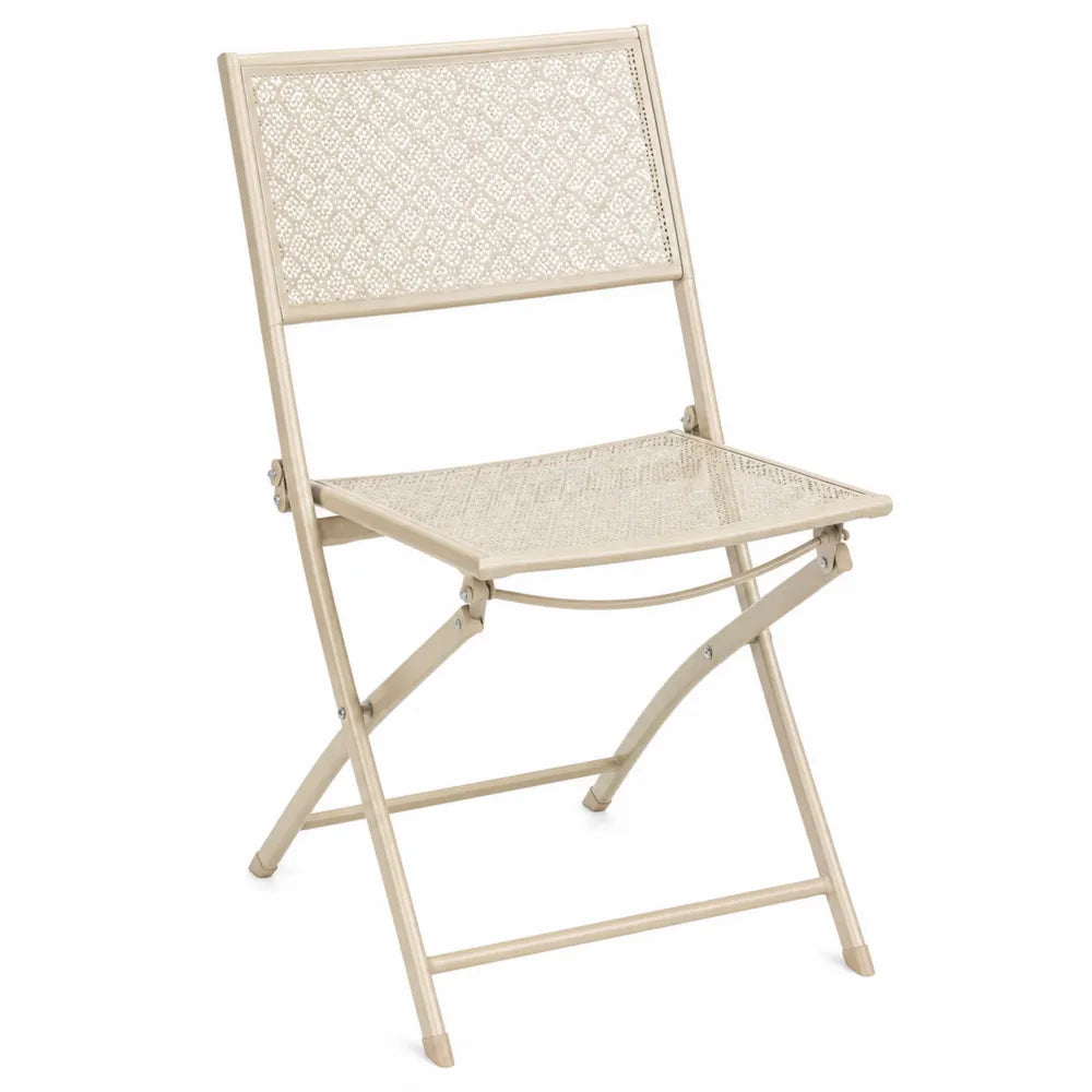 Chaise de jardin pliante en acier beige avec assise perforée et dossier ajouré 45 x 52 x 84 cm