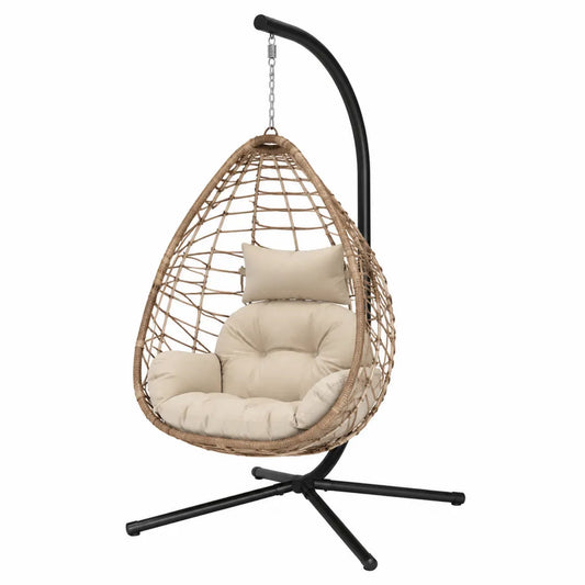 Fauteuil suspendu de jardin œuf avec support en acier résine tressée PE beige noir 105 x 105 x 198 cm