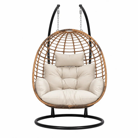 Fauteuil suspendu de jardin type œuf en résine tressée PE naturel avec coussin polyester beige et support acier noir